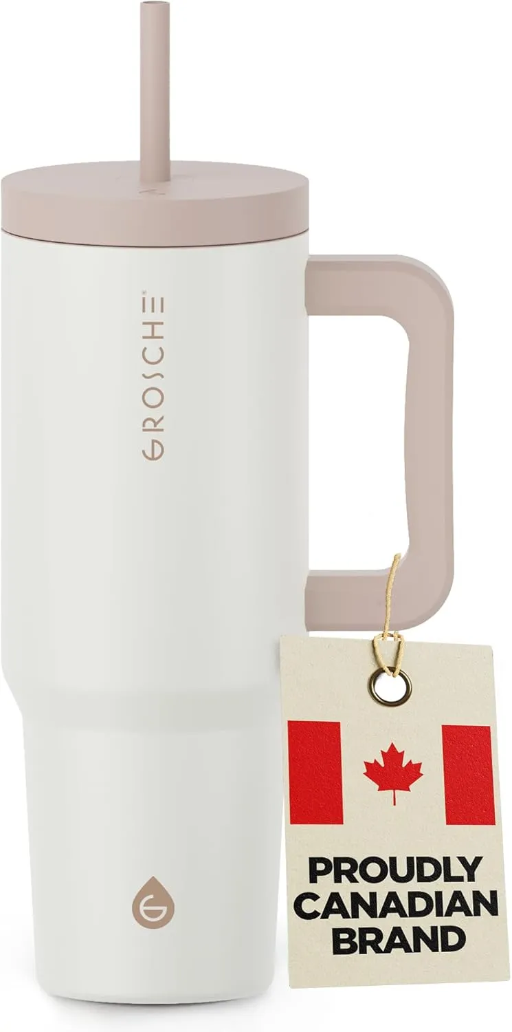 GROSCHE ASPEN 40 oz tumbler with handle and straw. Extreme insulation, classy design, built to last insulated stainless steel tumbler with handle, lid and straw - CREAM WHITE