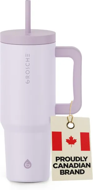 GROSCHE ASPEN 40 oz tumbler with handle and straw. Extreme insulation, classy design, built to last insulated stainless steel tumbler with handle, lid and straw - LAVENDER