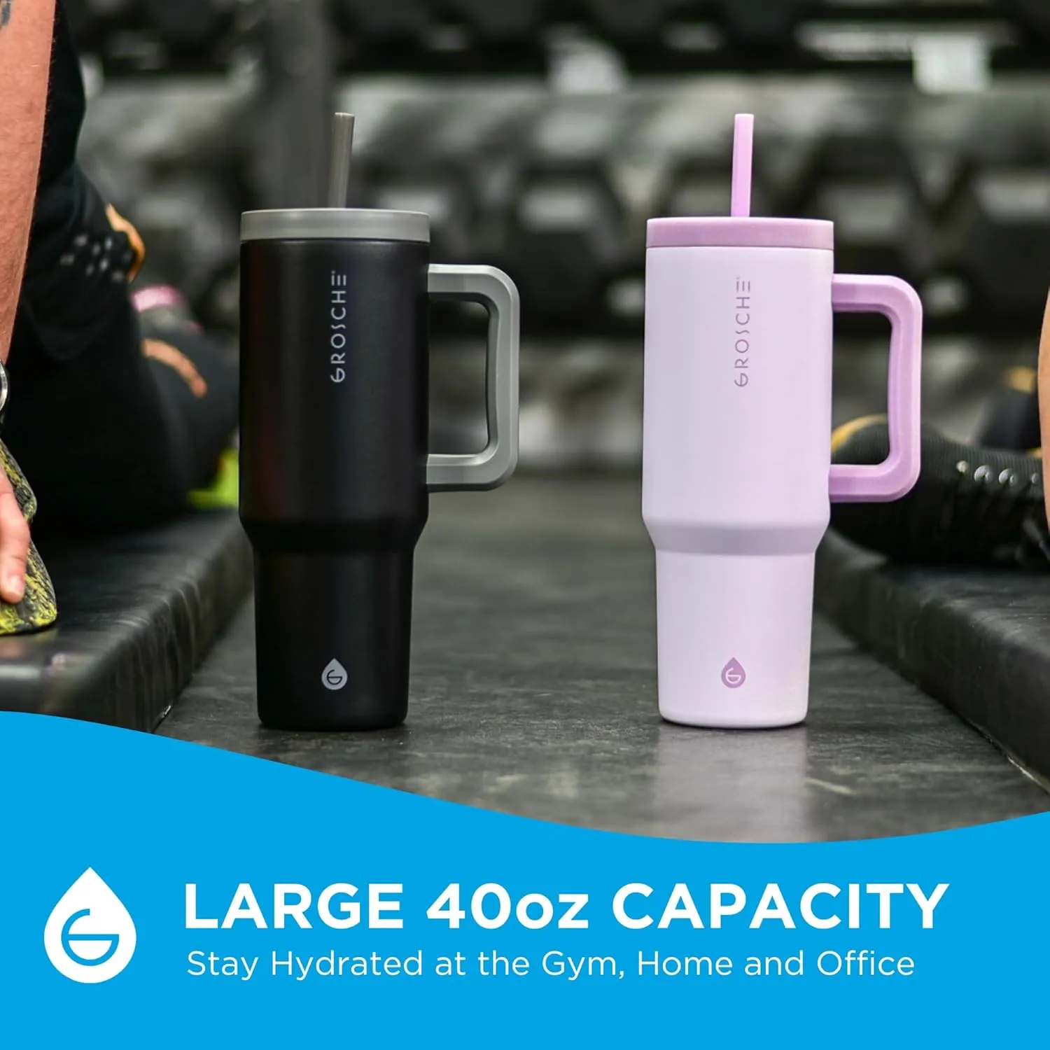 GROSCHE ASPEN 40 oz tumbler with handle and straw. Extreme insulation, classy design, built to last insulated stainless steel tumbler with handle, lid and straw - LAVENDER