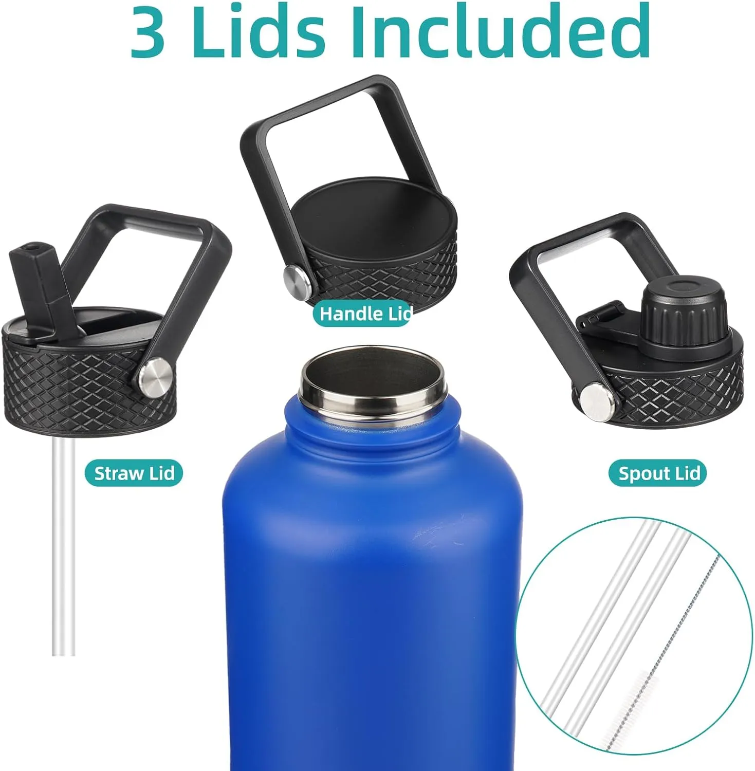 Half Gallon Insulated Water Bottle with Straw,64 oz 3 Lids Water Jug with Carrying Bag,Paracord Handle,Double Wall Vacuum Stainless Steel Metal Flask,Blue
