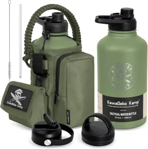 Half Gallon Tactical Water Bottle With Straw - Battle Bottle - 64 OZ Stainless Steel Water Jug with 3 Lids, Paracord Handle, Molle System