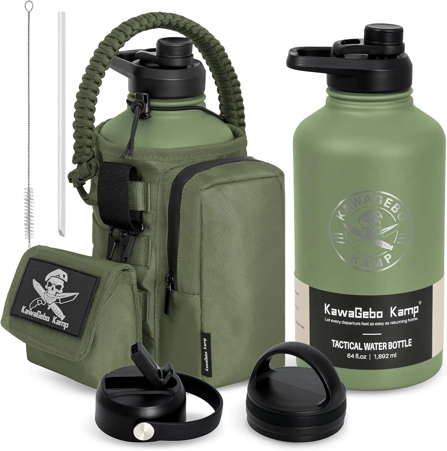 Half Gallon Tactical Water Bottle With Straw - Battle Bottle - 64 OZ Stainless Steel Water Jug with 3 Lids, Paracord Handle, Molle System