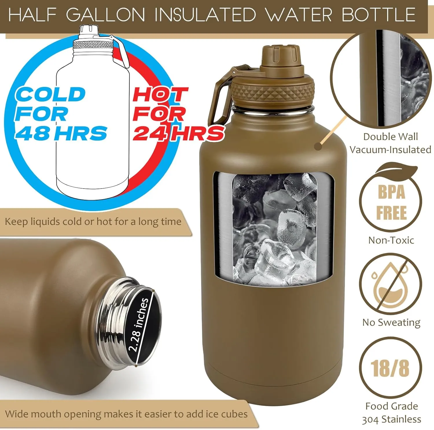 Half Gallon Water Bottle with Sleeve - 64 Oz Insulated Water Jug with Handle - Green Stainless Steel Sports Water Bottle for Gym Workout Hiking Tactical Bottle Holder with Pouch Khaki