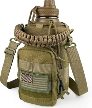 Half Gallon Water Bottle with Sleeve - 64 Oz Insulated Water Jug with Handle - Green Stainless Steel Sports Water Bottle for Gym Workout Hiking Tactical Bottle Holder with Pouch Khaki