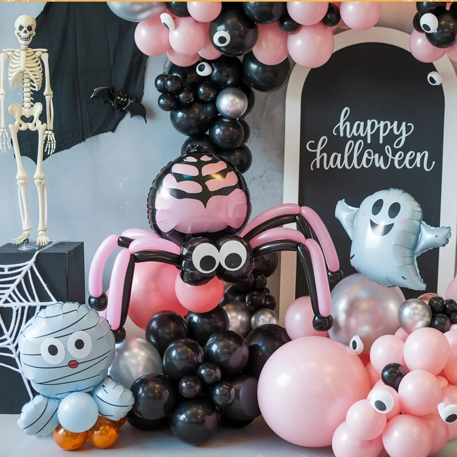Halloween Balloon Arch Kit - Pink Silver Balloons & Ghost Bat Foil, Bats Stickers & Latex for Party Decorations