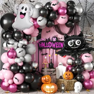 Halloween Balloon Arch Kit - Pink Silver Balloons & Ghost Bat Foil, Bats Stickers & Latex for Party Decorations