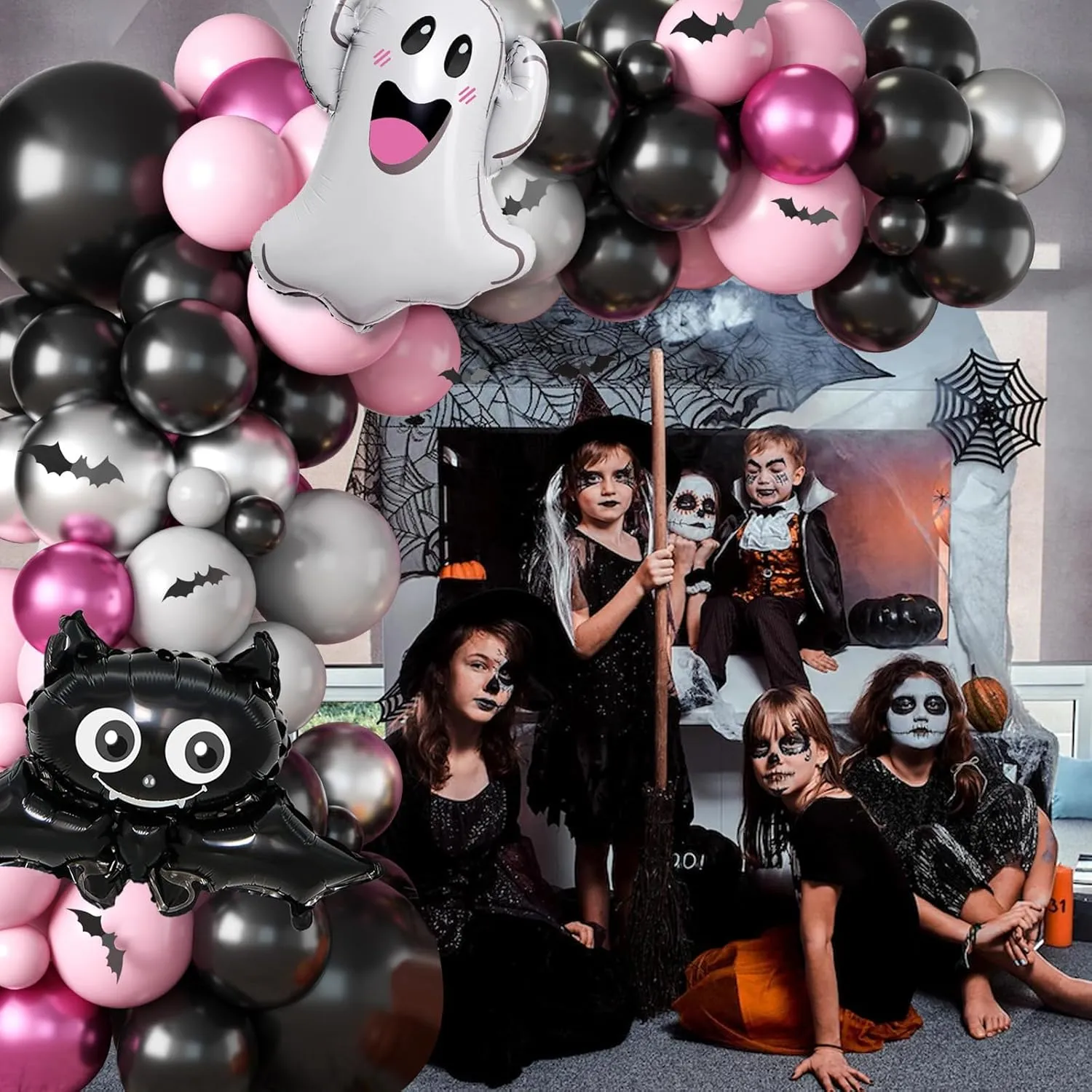 Halloween Balloon Arch Kit - Pink Silver Balloons & Ghost Bat Foil, Bats Stickers & Latex for Party Decorations