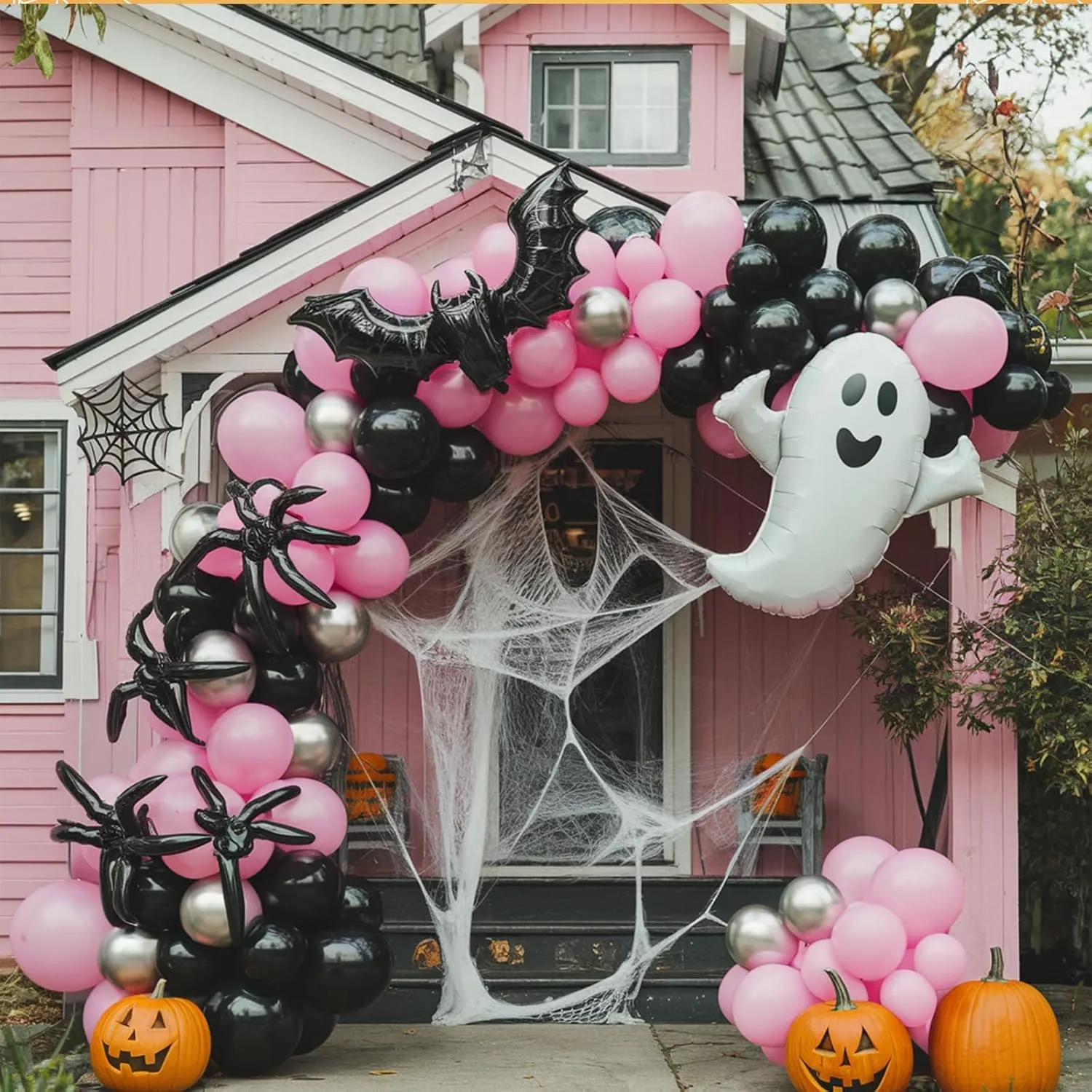 Halloween Balloon Arch Kit - Pink Silver Balloons & Ghost Bat Foil, Bats Stickers & Latex for Party Decorations