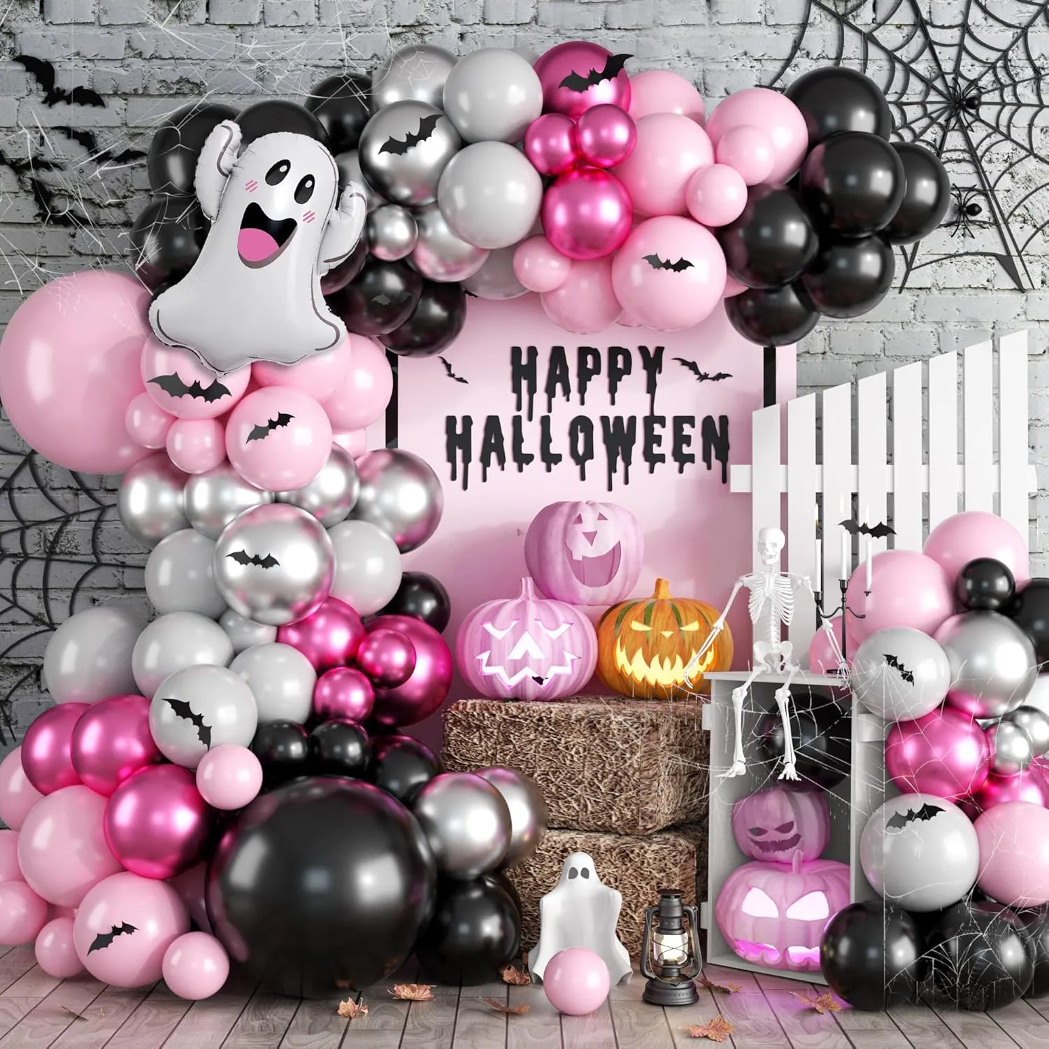 Halloween Balloon Arch Kit - Pink Silver Balloons & Ghost Bat Foil, Bats Stickers & Latex for Party Decorations