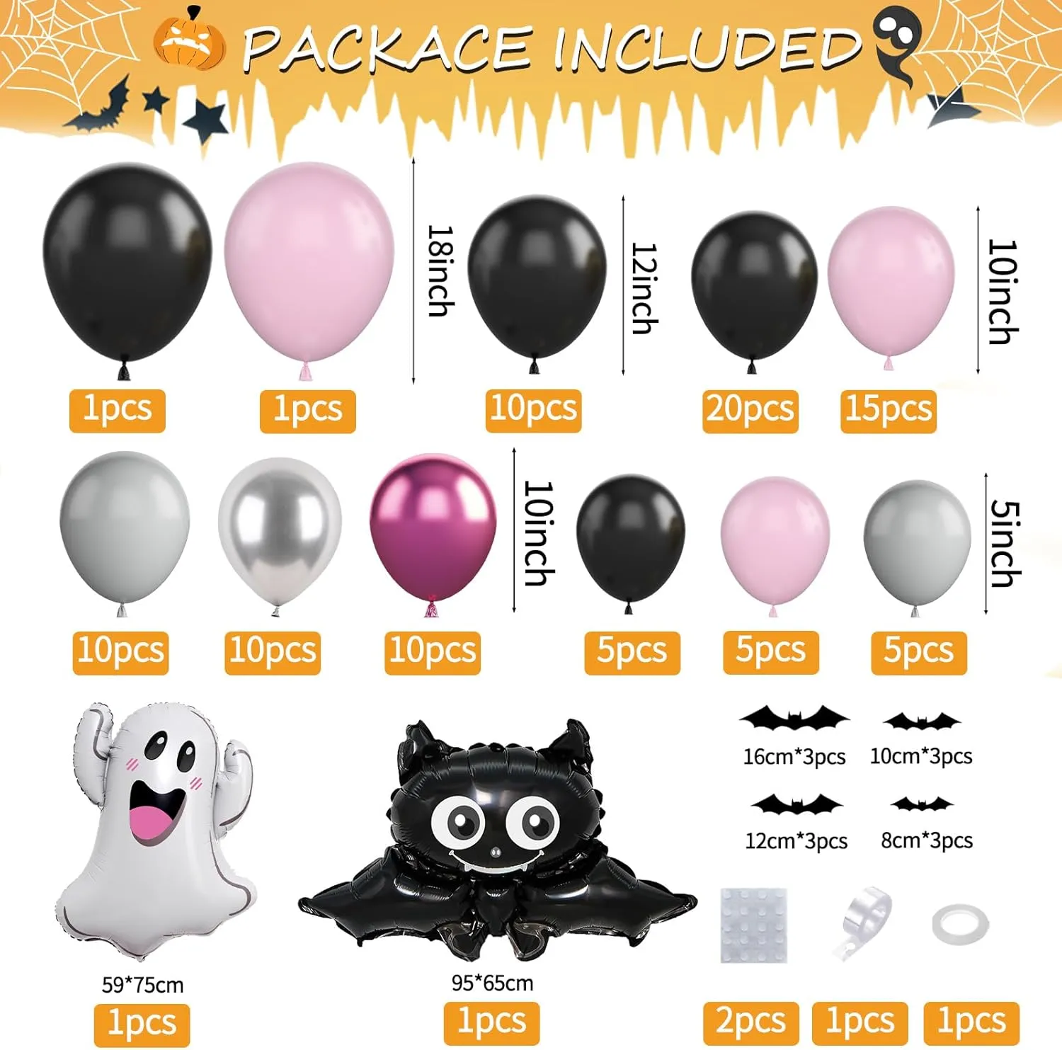 Halloween Balloon Arch Kit - Pink Silver Balloons & Ghost Bat Foil, Bats Stickers & Latex for Party Decorations