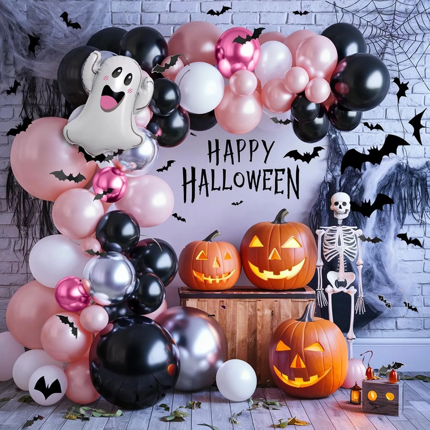Halloween Balloon Arch Kit - Pink Silver Balloons & Ghost Bat Foil, Bats Stickers & Latex for Party Decorations