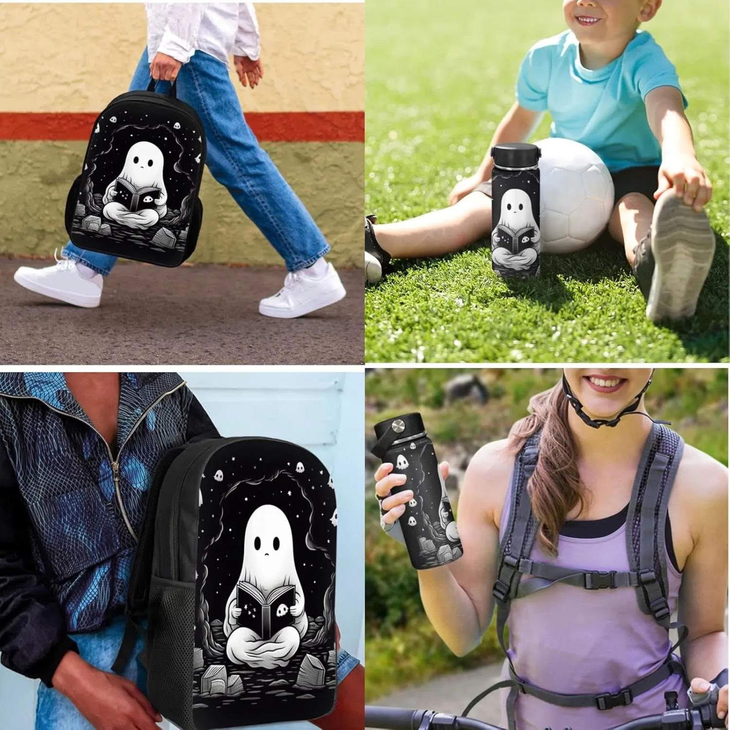 Halloween Kids Backpack 3 in 1 Set,Cute Ghost Bookbag for Boys Black School Bag for Age 3-12 Children Holiday Daypack with Lunch Bag and Water Bottle for Party