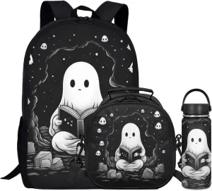 Halloween Kids Backpack 3 in 1 Set,Cute Ghost Bookbag for Boys Black School Bag for Age 3-12 Children Holiday Daypack with Lunch Bag and Water Bottle for Party