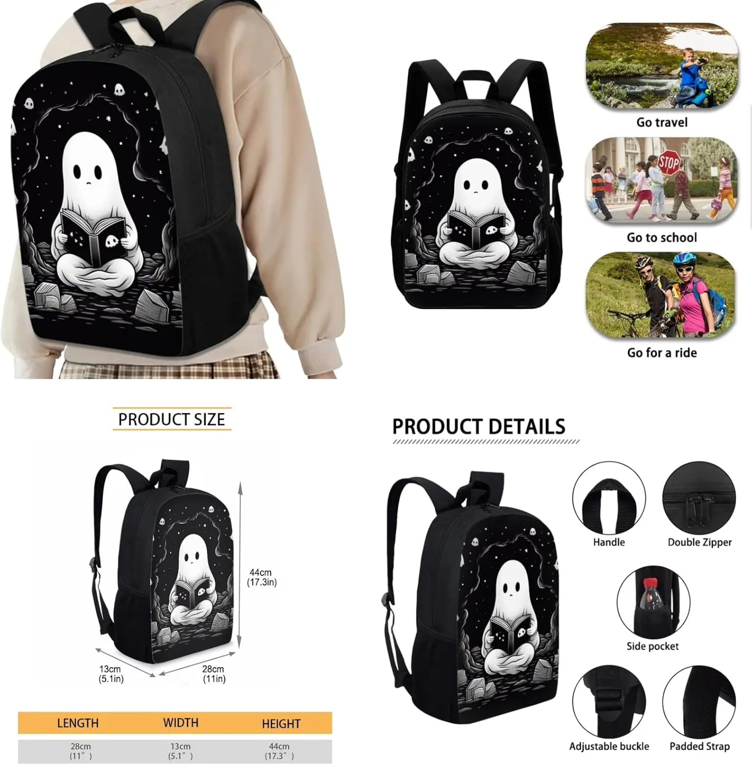 Halloween Kids Backpack 3 in 1 Set,Cute Ghost Bookbag for Boys Black School Bag for Age 3-12 Children Holiday Daypack with Lunch Bag and Water Bottle for Party