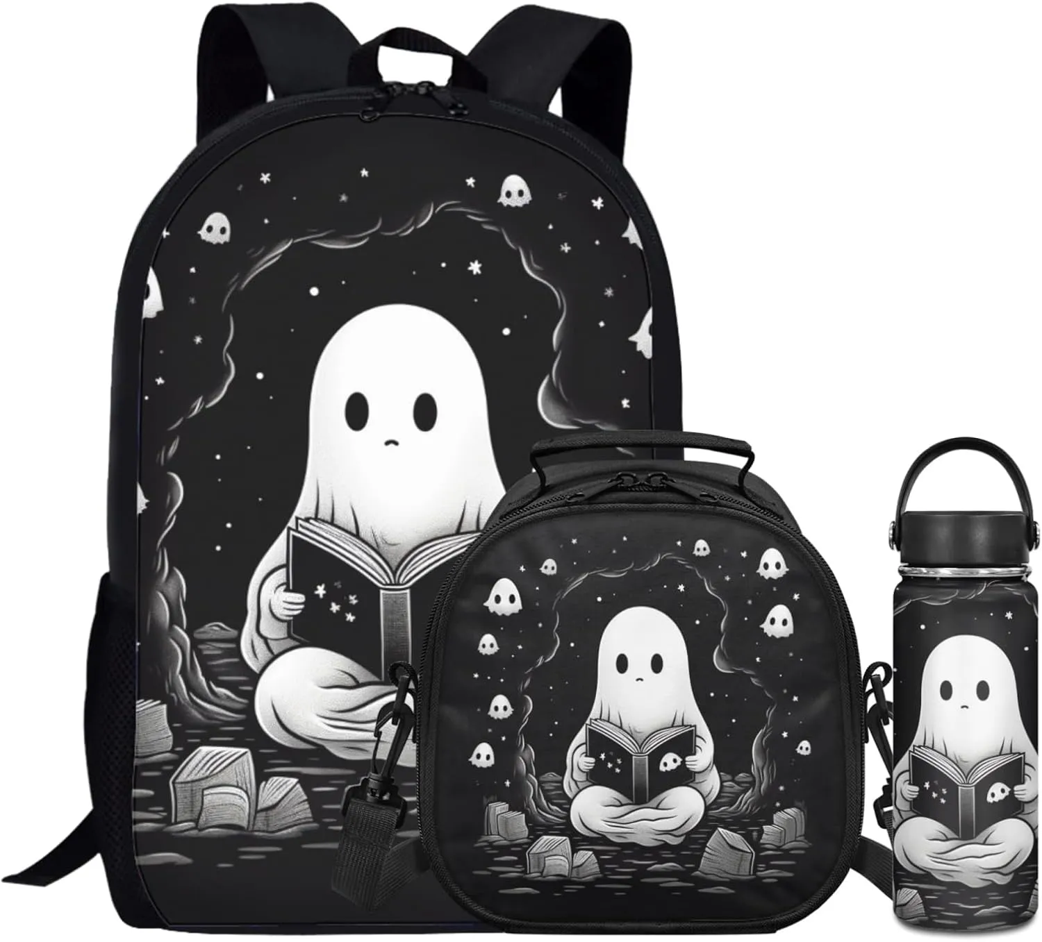 Halloween Kids Backpack 3 in 1 Set,Cute Ghost Bookbag for Boys Black School Bag for Age 3-12 Children Holiday Daypack with Lunch Bag and Water Bottle for Party