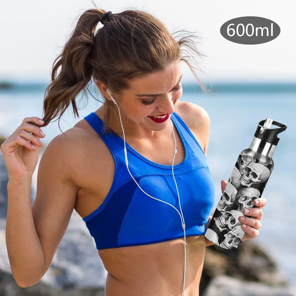 Halloween Skull Pattern Water Bottle 20 oz Insulated Water Bottles with Straw Leakproof Vacuum Thermal Stainless Steel Water Bottle for Kids Adults