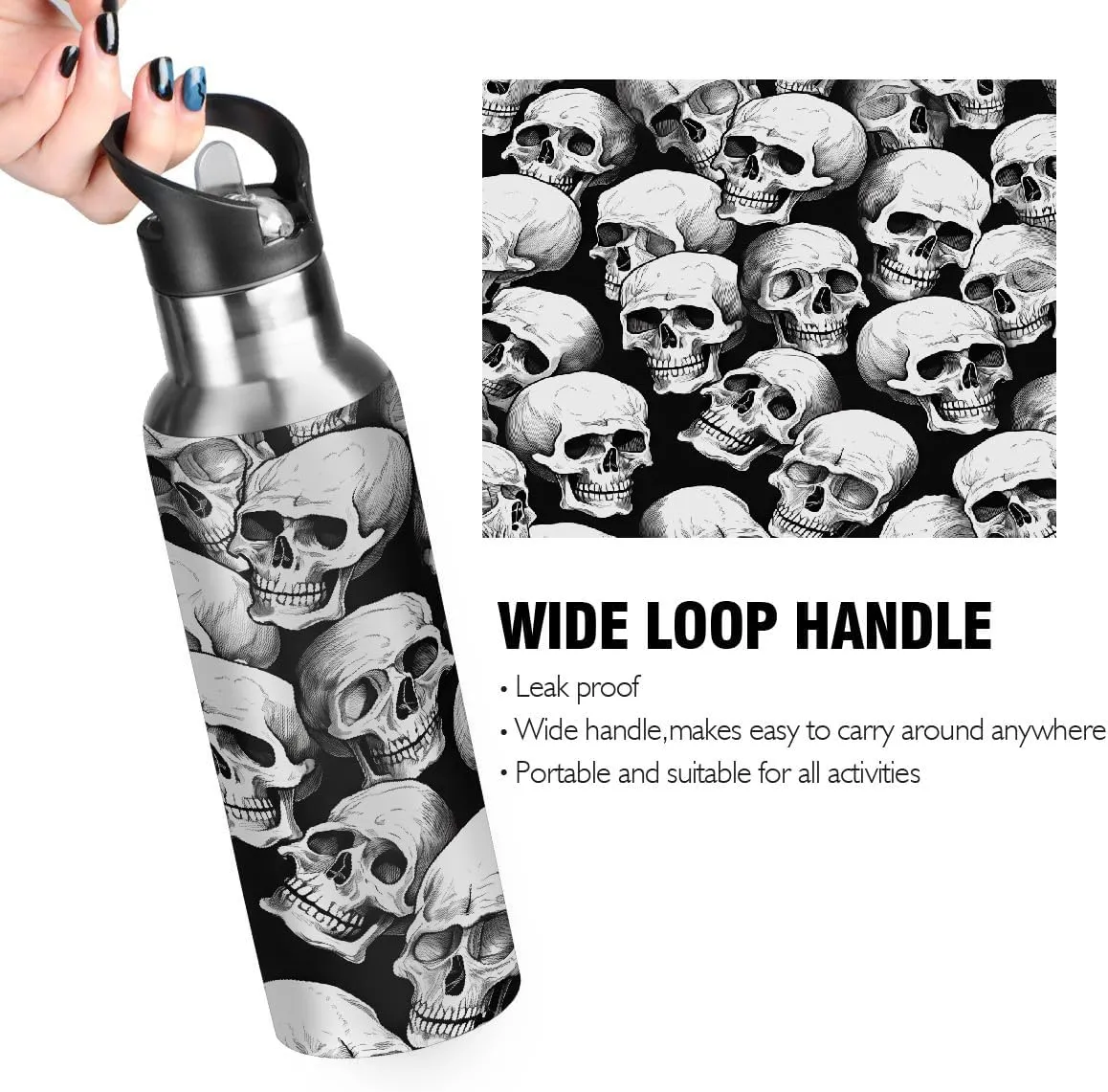 Halloween Skull Pattern Water Bottle 20 oz Insulated Water Bottles with Straw Leakproof Vacuum Thermal Stainless Steel Water Bottle for Kids Adults