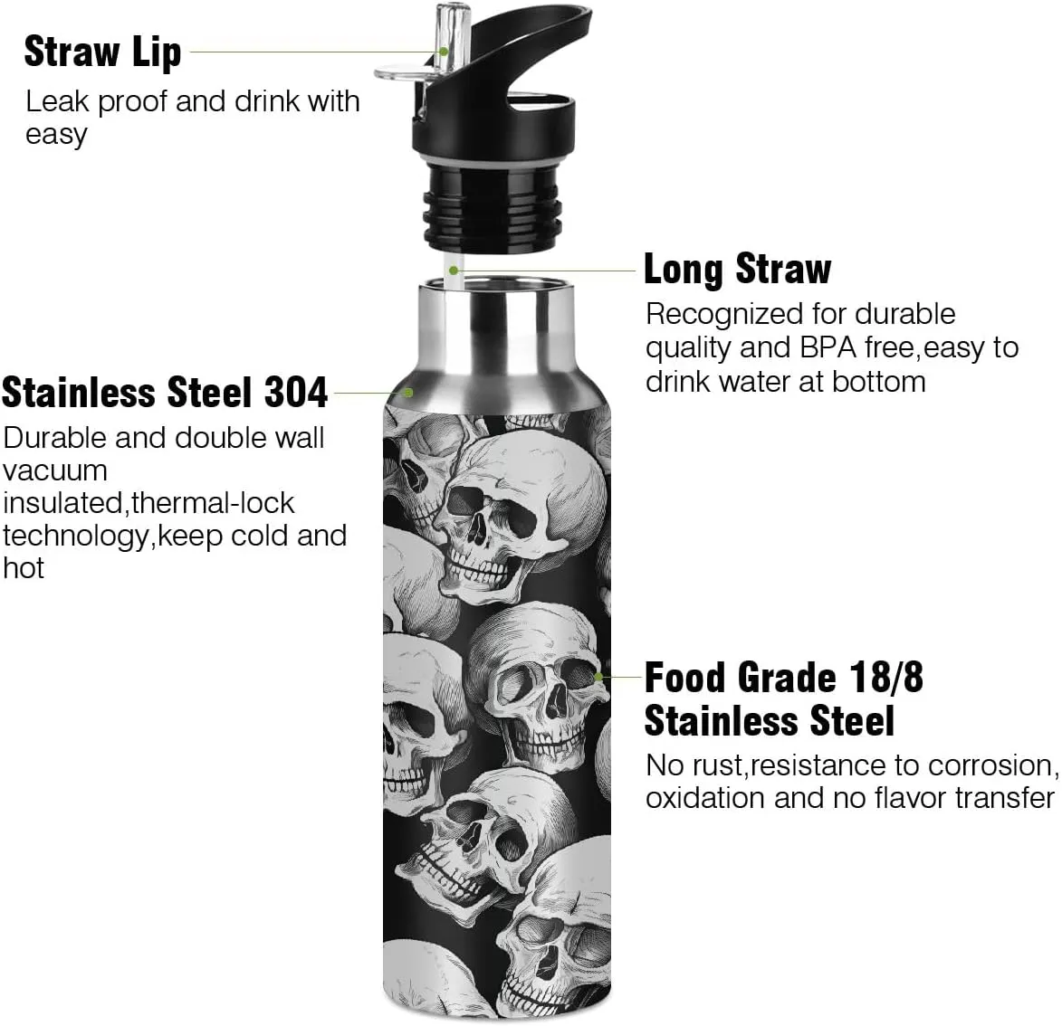 Halloween Skull Pattern Water Bottle 20 oz Insulated Water Bottles with Straw Leakproof Vacuum Thermal Stainless Steel Water Bottle for Kids Adults