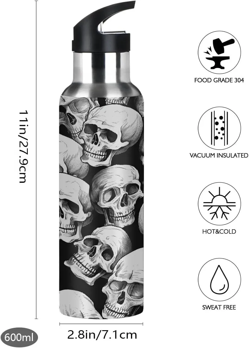 Halloween Skull Pattern Water Bottle 20 oz Insulated Water Bottles with Straw Leakproof Vacuum Thermal Stainless Steel Water Bottle for Kids Adults