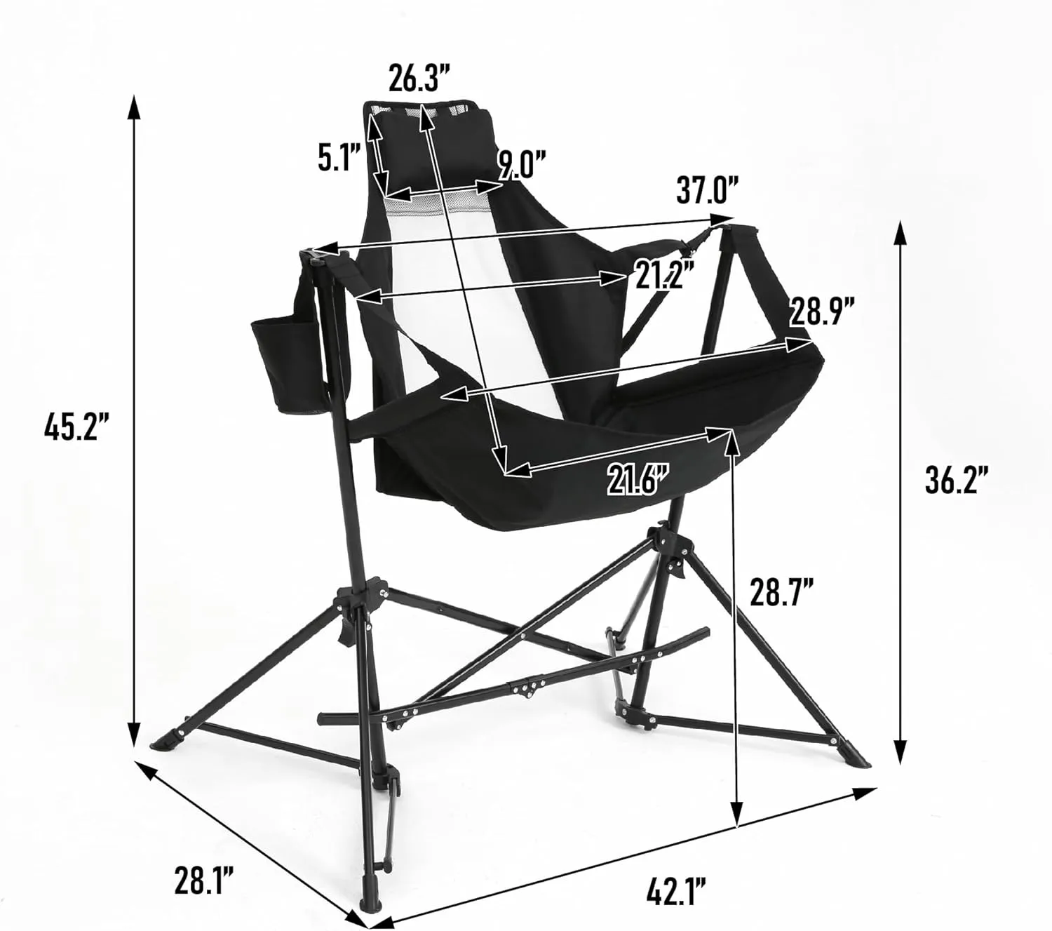 Hammock Camping Chair, Folding Portable Rocking Chair, Adjustable Back Swinging Chair with Pillow Cup Holder and Carry Bag, Recliner for Outdoor Travel Lawn Backyard (Black)