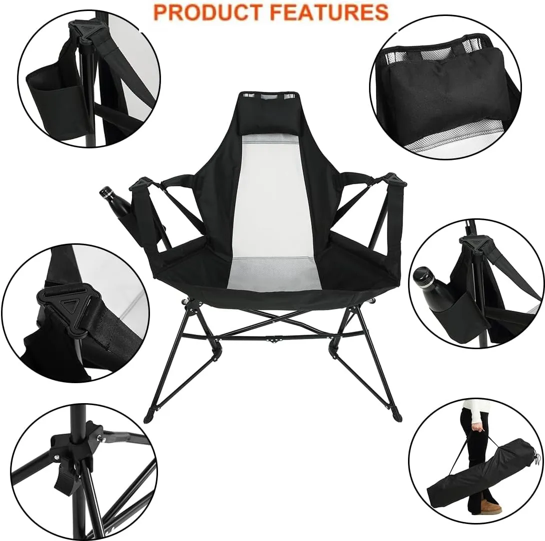 Hammock Camping Chair, Folding Portable Rocking Chair, Adjustable Back Swinging Chair with Pillow Cup Holder and Carry Bag, Recliner for Outdoor Travel Lawn Backyard (Black)