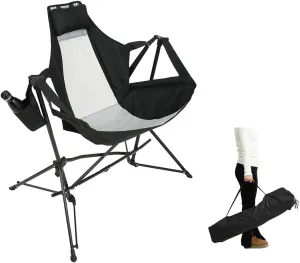 Hammock Camping Chair, Folding Portable Rocking Chair, Adjustable Back Swinging Chair with Pillow Cup Holder and Carry Bag, Recliner for Outdoor Travel Lawn Backyard (Black)