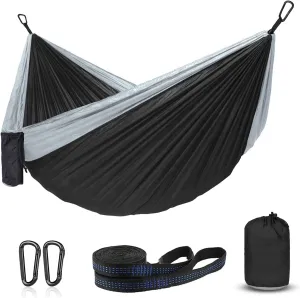 Hammock Camping, Portable Single/Double Hammocks for Outdoor Hiking Travel Backpacking - 210D Nylon Hammock Swing for Backyard & Garden (Black/Gray)