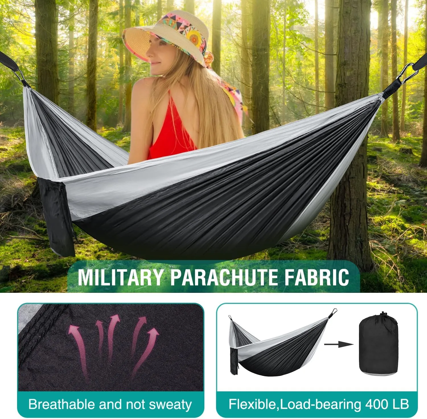 Hammock Camping, Portable Single/Double Hammocks for Outdoor Hiking Travel Backpacking - 210D Nylon Hammock Swing for Backyard & Garden (Black/Gray)