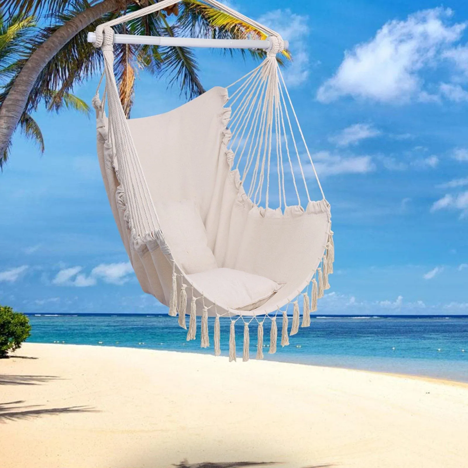Hammock Chair Swing Seat with Detachable Metal Support Bar and 2 Seat Cushions