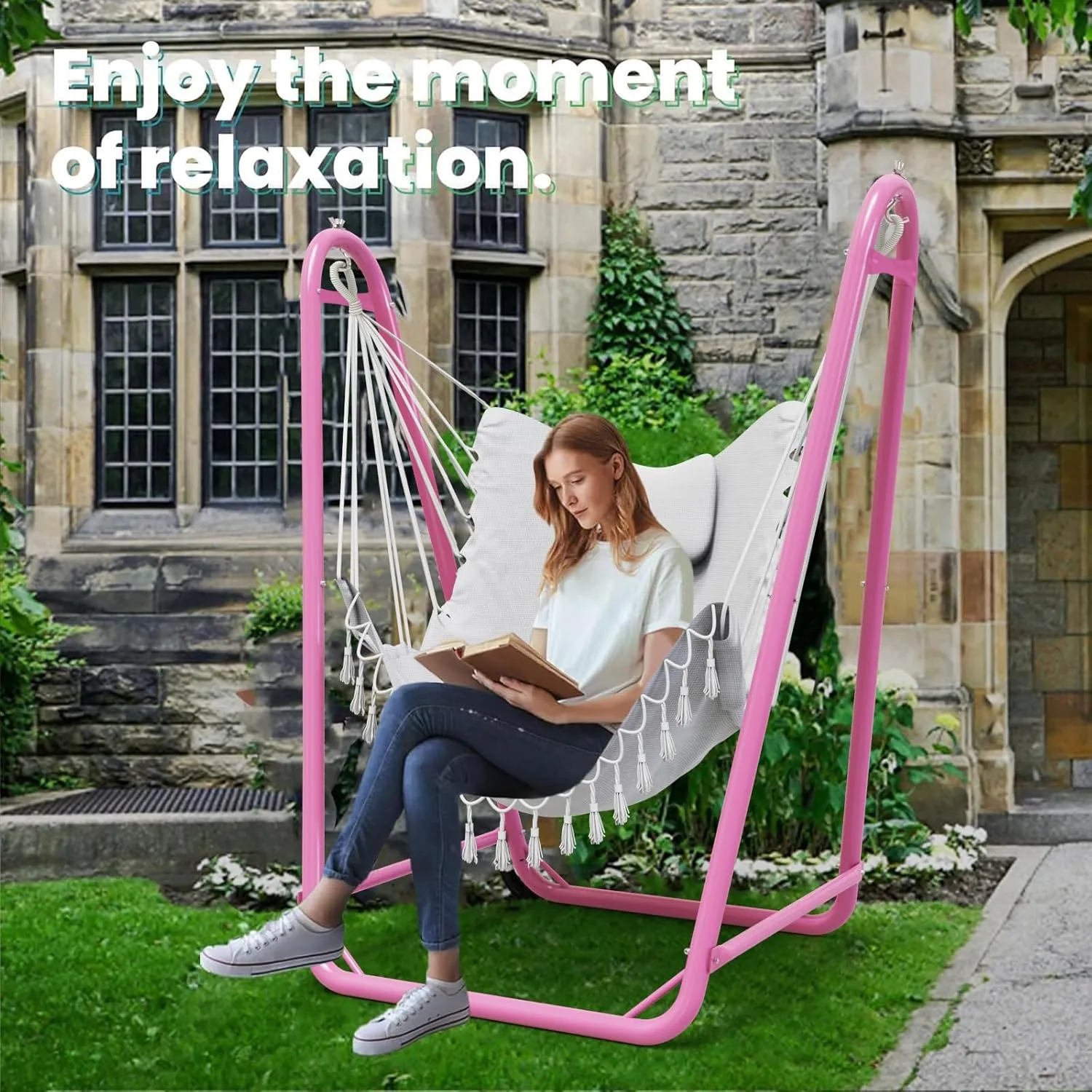 Hammock Chair with Stand,Heavy-Duty Hanging Chair with Stand, for Indoor Outdoor,Sturdy Swing ChairStand Max Load 350 pounds(Hammock Chair Included)(Pink&White)