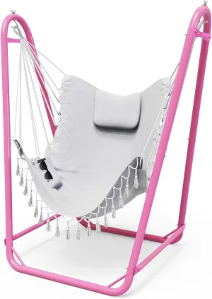 Hammock Chair with Stand,Heavy-Duty Hanging Chair with Stand, for Indoor Outdoor,Sturdy Swing ChairStand Max Load 350 pounds(Hammock Chair Included)(Pink&White)