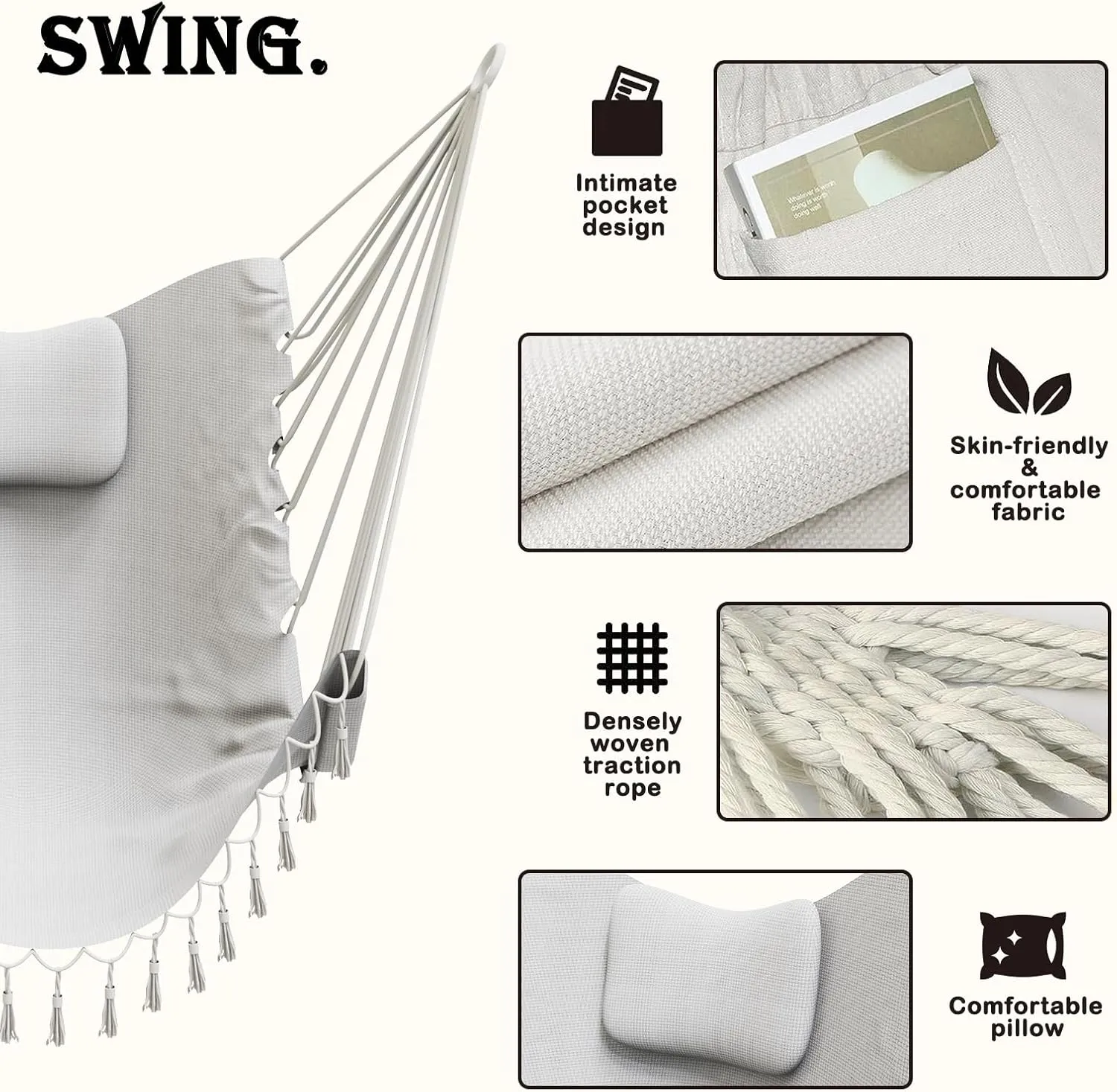 Hammock Chair with Stand,Heavy-Duty Hanging Chair with Stand, for Indoor Outdoor,Sturdy Swing ChairStand Max Load 350 pounds(Hammock Chair Included)(Pink&White)