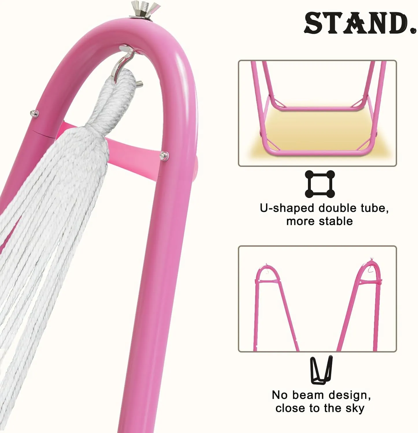 Hammock Chair with Stand,Heavy-Duty Hanging Chair with Stand, for Indoor Outdoor,Sturdy Swing ChairStand Max Load 350 pounds(Hammock Chair Included)(Pink&White)
