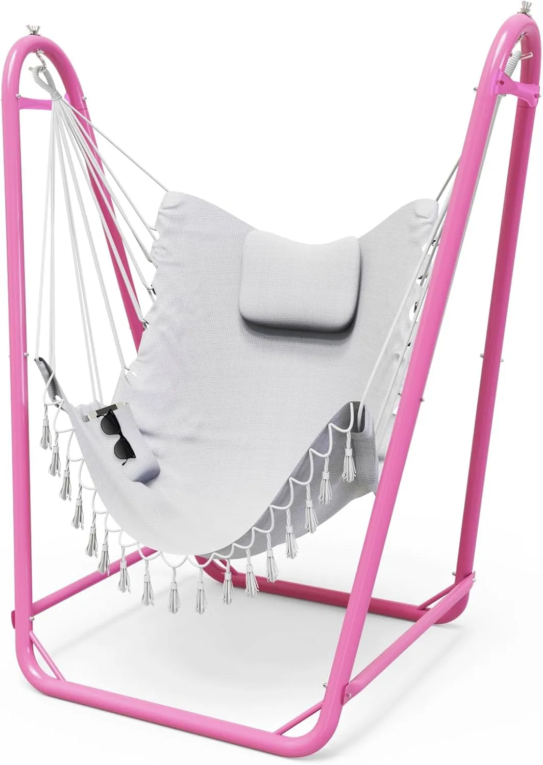 Hammock Chair with Stand,Heavy-Duty Hanging Chair with Stand, for Indoor Outdoor,Sturdy Swing ChairStand Max Load 350 pounds(Hammock Chair Included)(Pink&White)