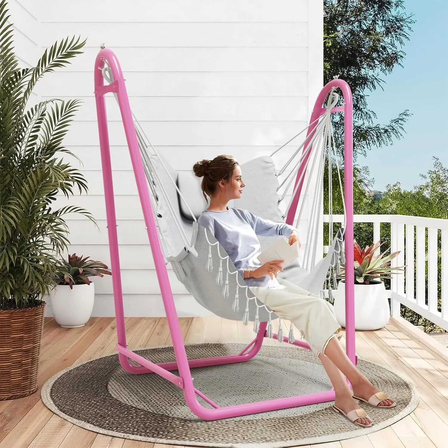Hammock Chair with Stand,Heavy-Duty Hanging Chair with Stand, for Indoor Outdoor,Sturdy Swing ChairStand Max Load 350 pounds(Hammock Chair Included)(Pink&White)