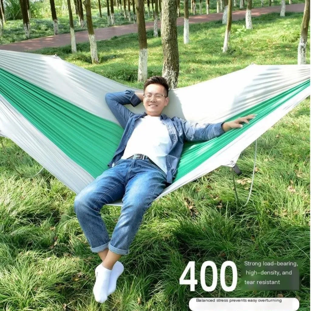 Hammock Double Anti-Rollover Pole Hammock Outdoor Camping Single Double Enlarged Thickened Parachute Cloth Camping Hammock Hammock Outdoor(Green,A)