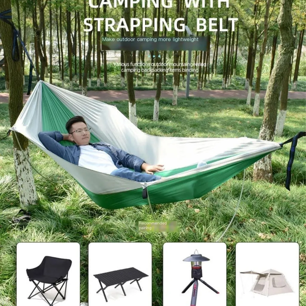 Hammock Double Anti-Rollover Pole Hammock Outdoor Camping Single Double Enlarged Thickened Parachute Cloth Camping Hammock Hammock Outdoor(Green,A)
