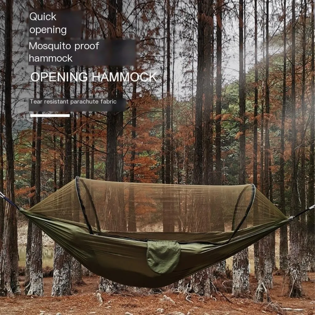 Hammock Double Automatic Quick-Opening Mosquito Net Hammock Outdoor Camping Anti-Rollover Nylon Hammock with Mosquito Net Hammock Outdoor(Orange)
