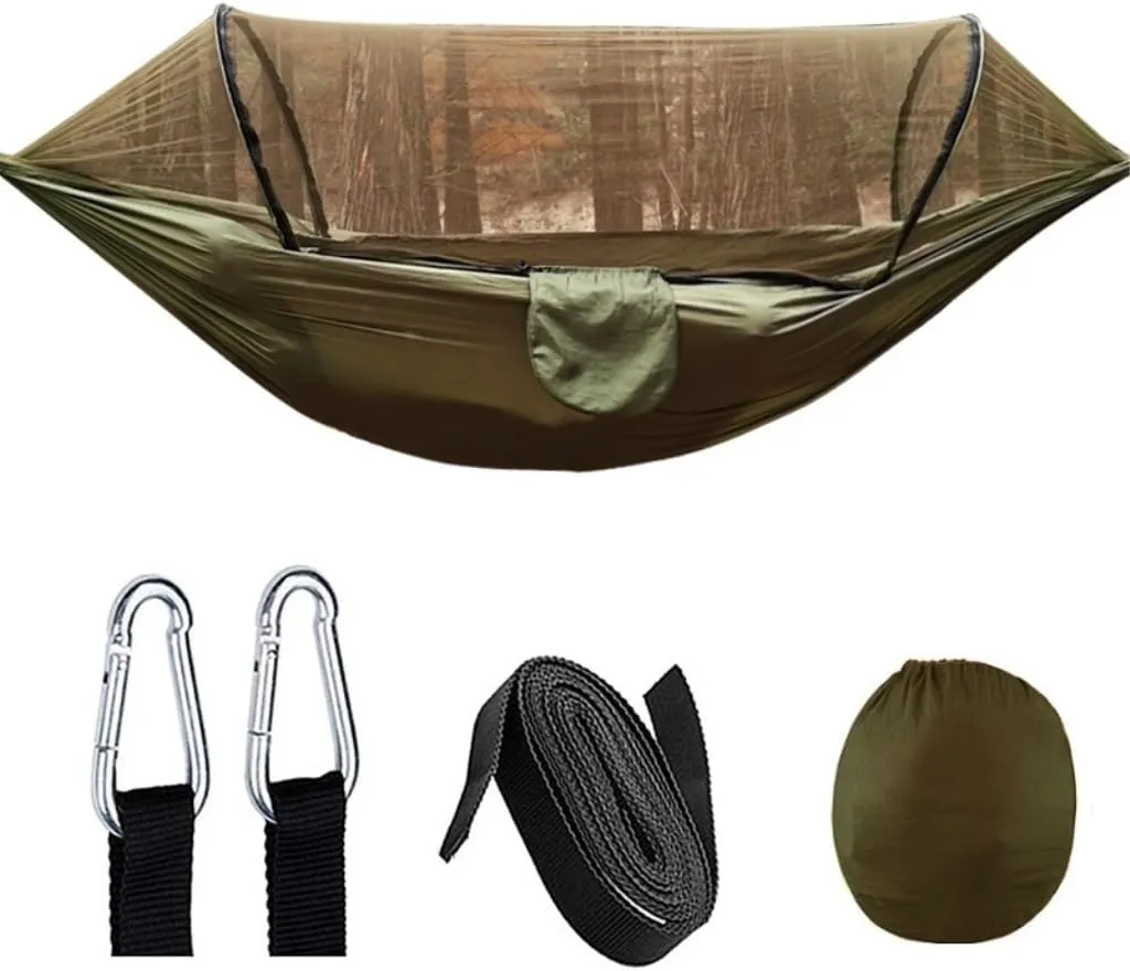 Hammock Double Automatic Quick-Opening Mosquito Net Hammock Outdoor Camping Anti-Rollover Nylon Hammock with Mosquito Net Hammock Outdoor(Orange)