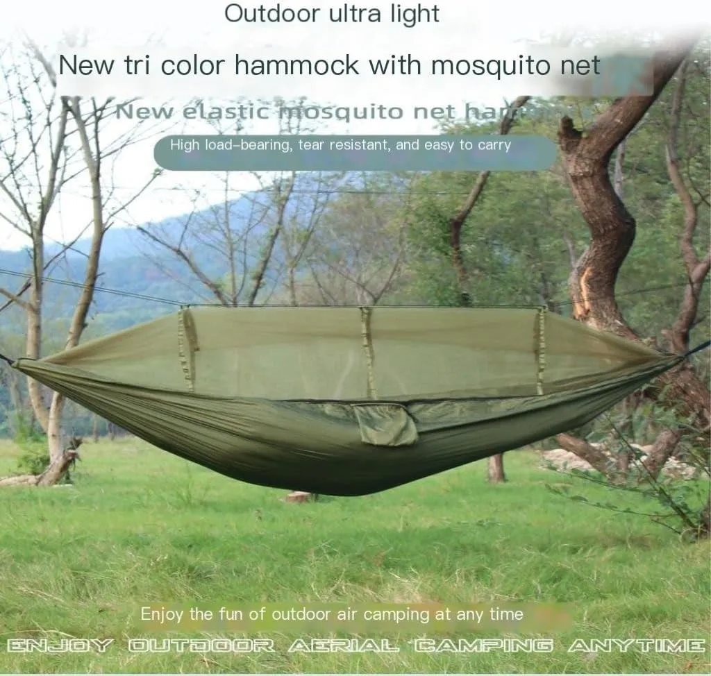 Hammock Double Camping Hammock Outdoor Camping Portable Single Parachute Cloth Three-Color Belt Anti-Mosquito Hammock Hammock Outdoor(F)