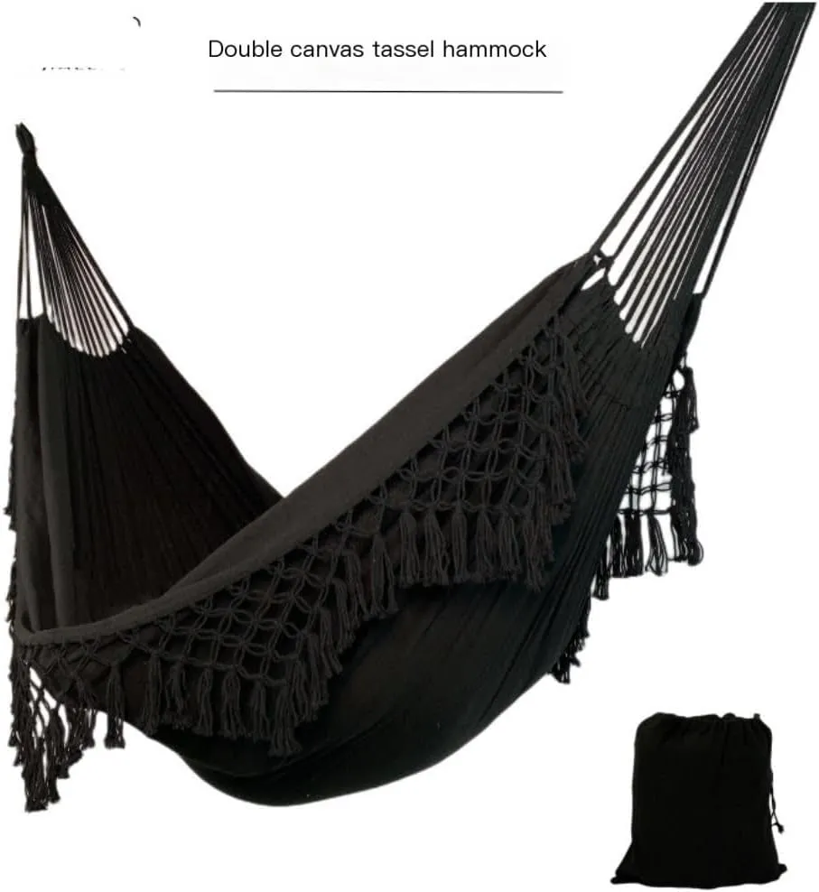 Hammock Double Double Enlarged Canvas Swing Indoor and Outdoor Camping Hanging Chair Photography Retro Tassel Hammock Hammock Outdoor(White)