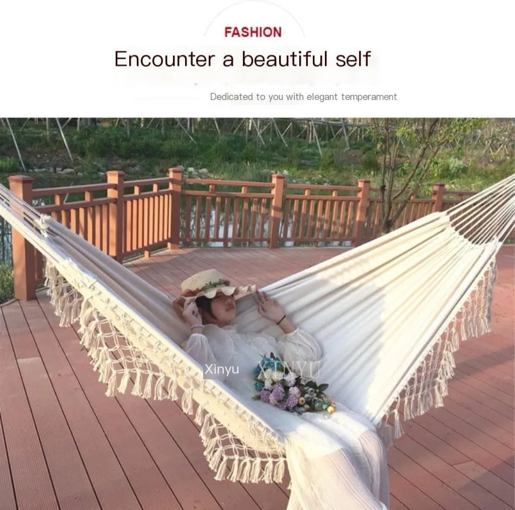 Hammock Double Double Enlarged Canvas Swing Indoor and Outdoor Camping Hanging Chair Photography Retro Tassel Hammock Hammock Outdoor(White)