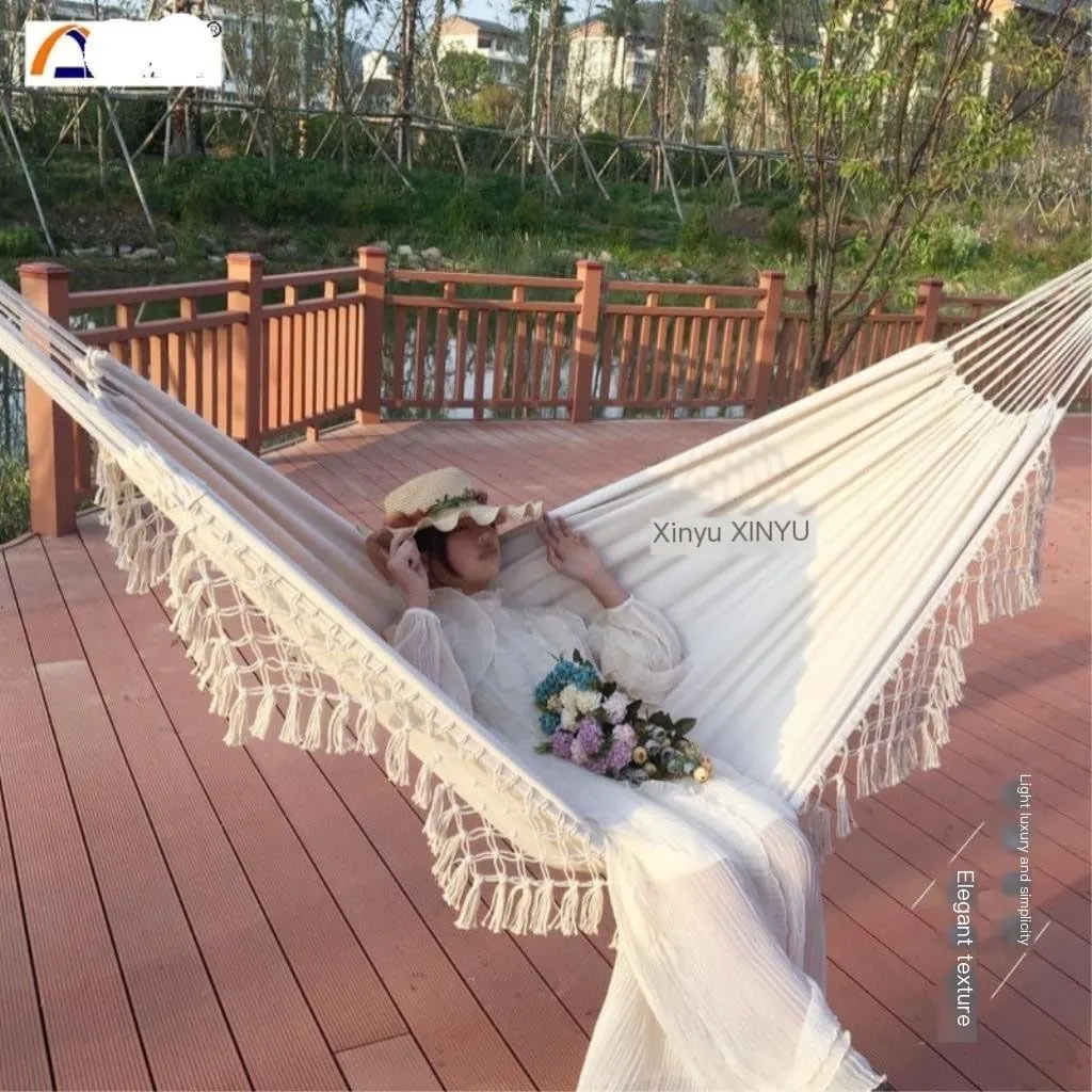 Hammock Double Double Enlarged Canvas Swing Indoor and Outdoor Camping Hanging Chair Photography Retro Tassel Hammock Hammock Outdoor(White)