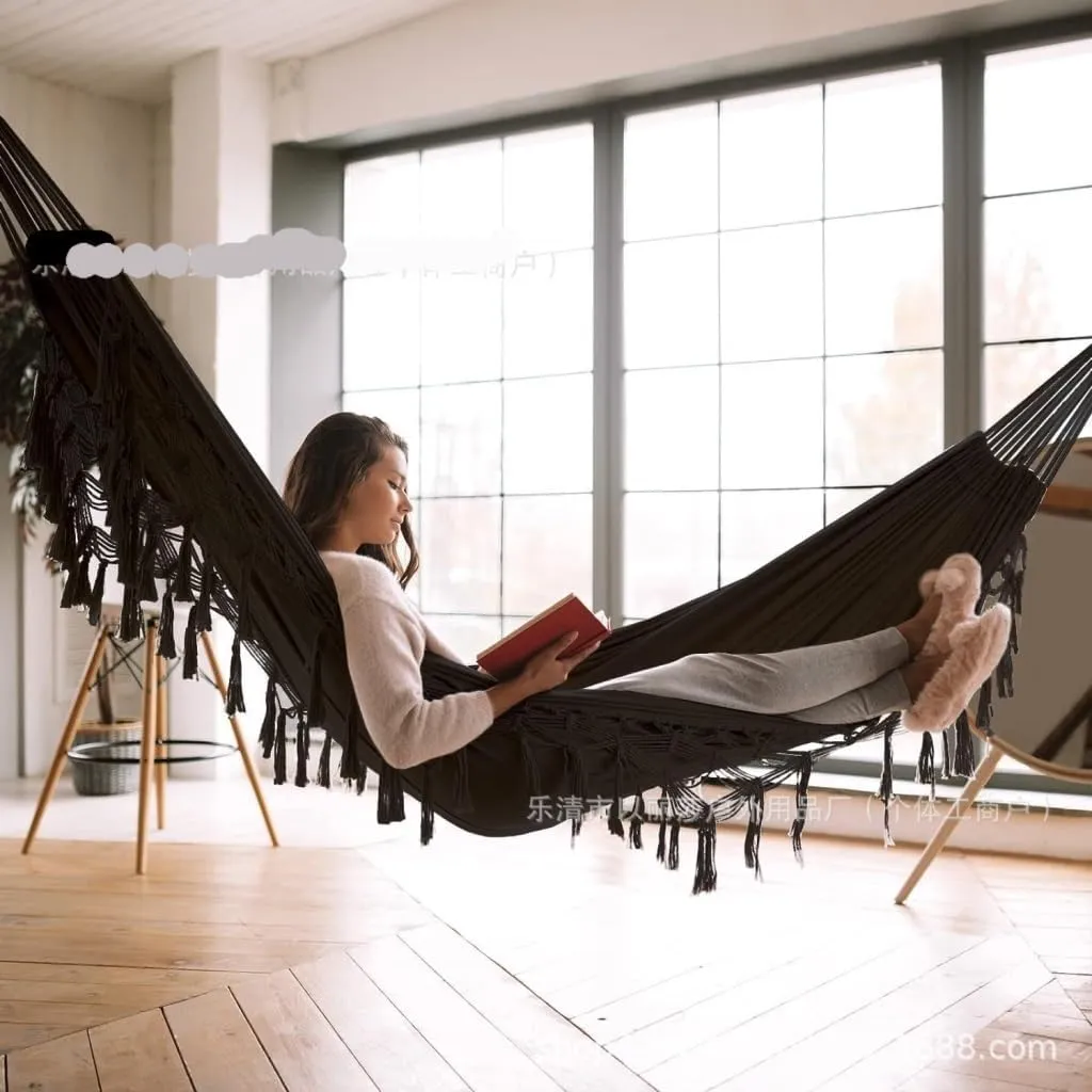Hammock Double Double Tassel Hammock Outdoor Bohemian Style Homestay with Canvas Anti-Rollover Swing Rocking Net Bed Hammock Outdoor(Black)