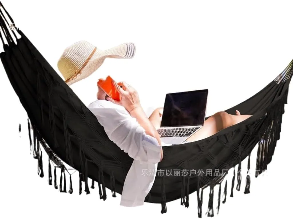 Hammock Double Double Tassel Hammock Outdoor Bohemian Style Homestay with Canvas Anti-Rollover Swing Rocking Net Bed Hammock Outdoor(Black)