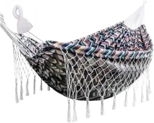Hammock Double Jacquard Canvas Hanging Bed Sheet Double Woven Tassel Hanging Chair Outdoor Supplies Swing Thick Net Bag Hammock Outdoor(A)