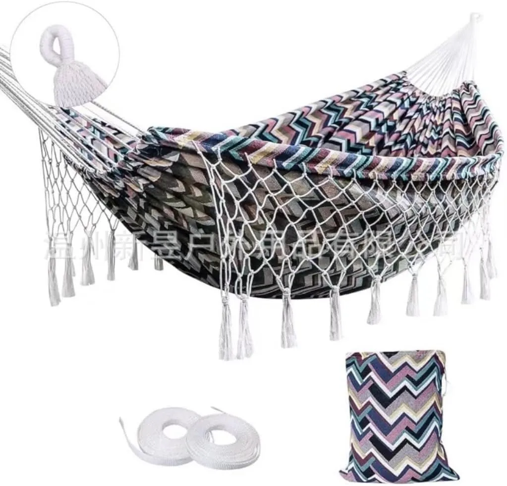 Hammock Double Jacquard Canvas Hanging Bed Sheet Double Woven Tassel Hanging Chair Outdoor Supplies Swing Thick Net Bag Hammock Outdoor(A)
