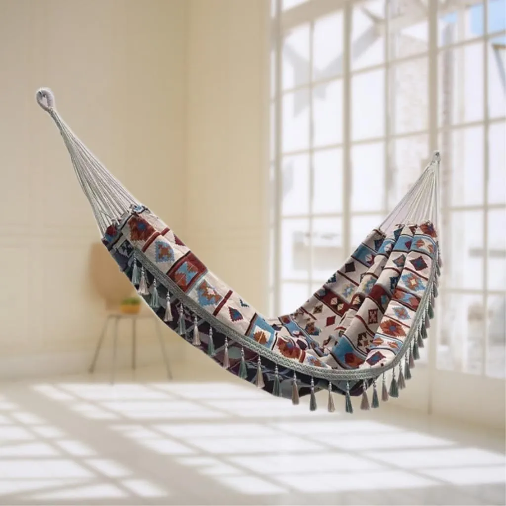 Hammock Double Jacquard Canvas Hanging Bed Sheet Double Woven Tassel Hanging Chair Outdoor Supplies Swing Thick Net Bag Hammock Outdoor(A)