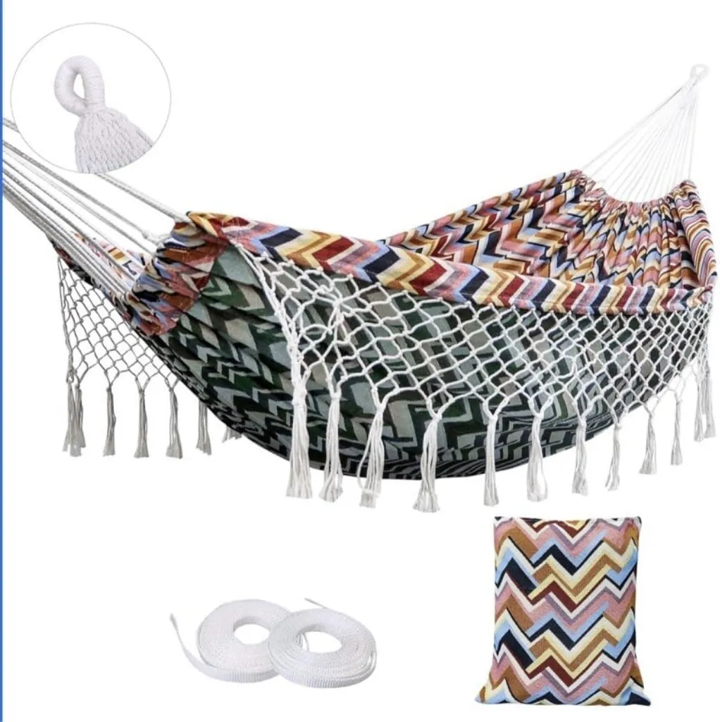 Hammock Double Jacquard Canvas Hanging Bed Sheet Double Woven Tassel Hanging Chair Outdoor Supplies Swing Thick Net Bag Hammock Outdoor(B)