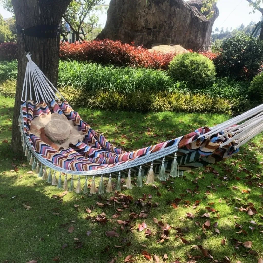 Hammock Double Jacquard Canvas Hanging Bed Sheet Double Woven Tassel Hanging Chair Outdoor Supplies Swing Thick Net Bag Hammock Outdoor(B)